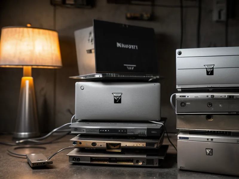 Older laptops stacked on a workbench ready for secure data wiping.