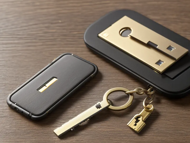 A close-up of a physical Yubikey security key on a consultant's wooden desk.
