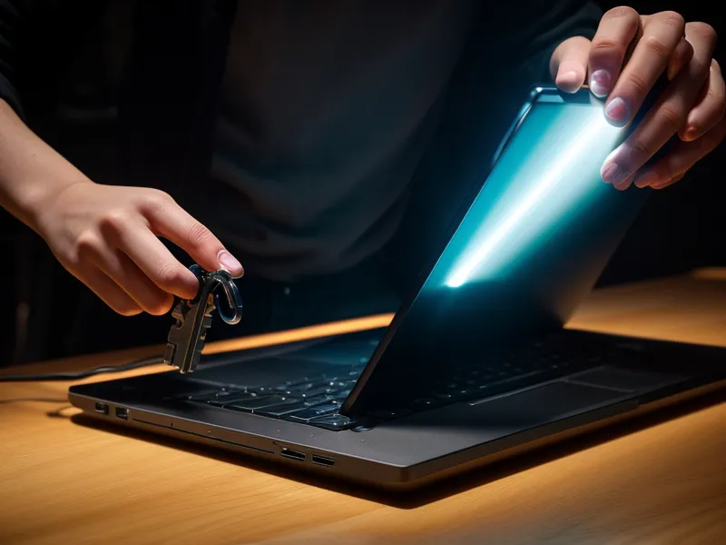 A physical hardware security key lying on a dark wooden desk.