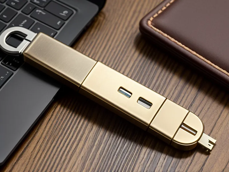 A Yubikey hardware security key resting next to a laptop keyboard