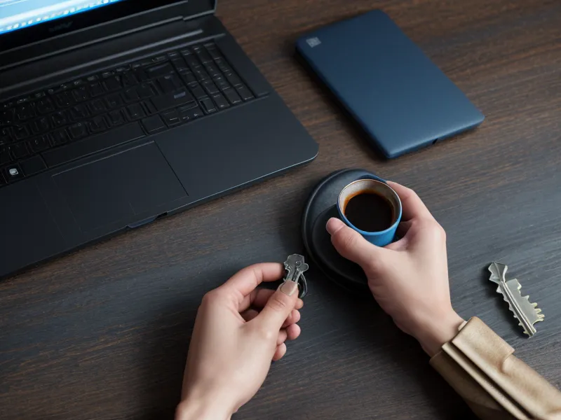 A hand holding a Yubikey hardware security key next to a laptop