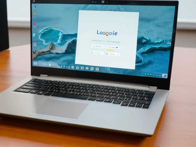 A laptop screen showing blurred search results and a map icon on a desk.