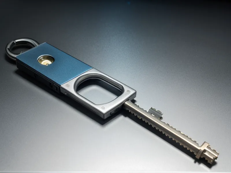 A metallic Yubikey security key resting on a desk next to a laptop.