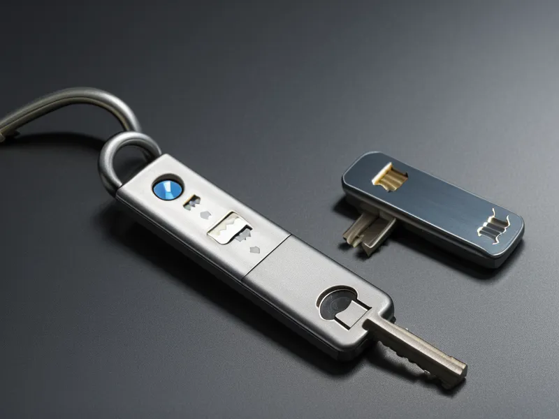 A close-up of a Yubikey security key sitting on a desk next to a keyboard.