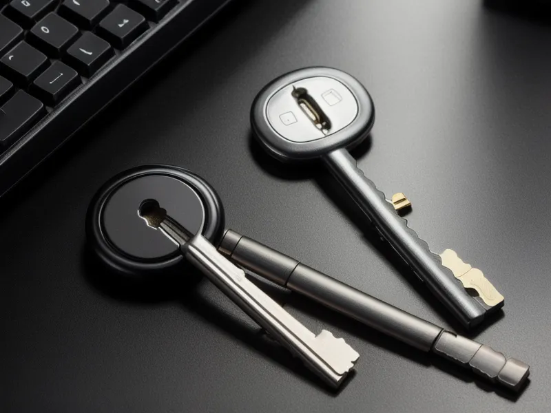 A Yubikey security key sitting on a dark wood desk next to a keyboard.