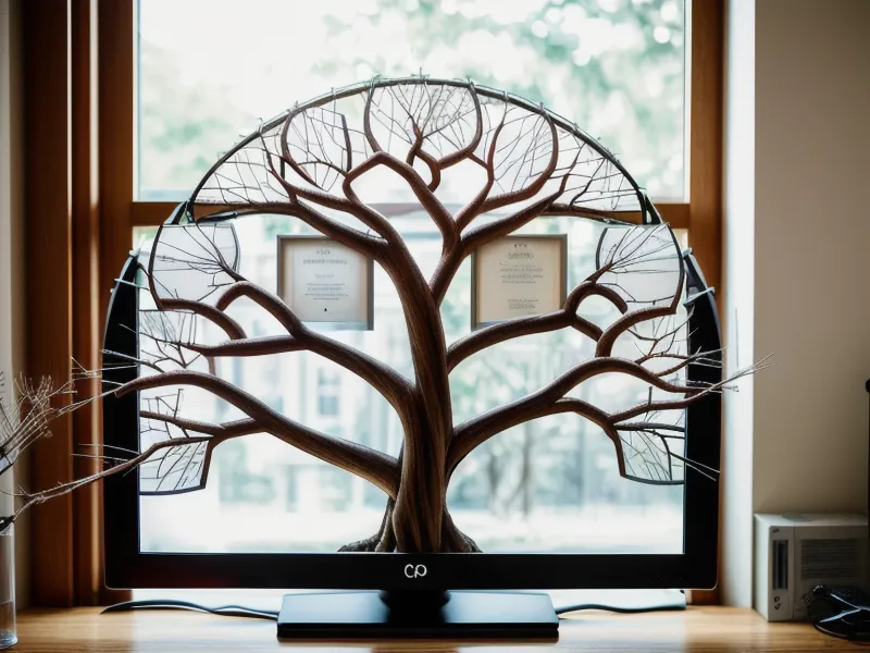 A blurred screen showing a family tree diagram from a people-search website.