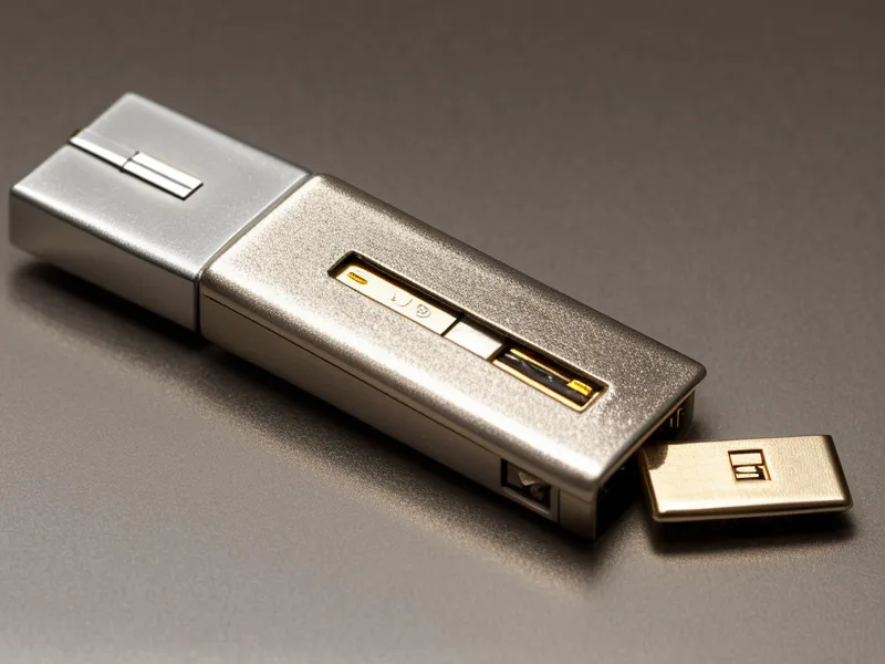 A close-up of a hardware security key being placed on a wooden desk.