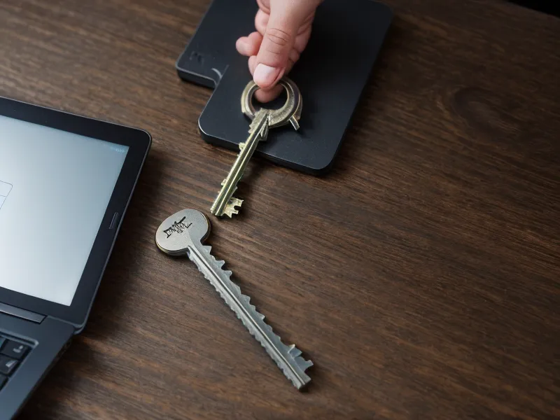 A metallic Yubikey security key resting on a dark wood desk