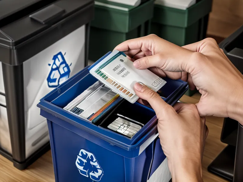 Close-up of a hand holding a junk mail envelope over a recycling bin.