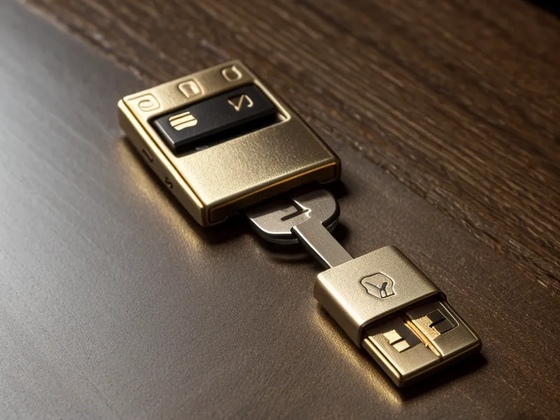 Macro shot of a Yubikey on a keychain resting on a wooden desk.