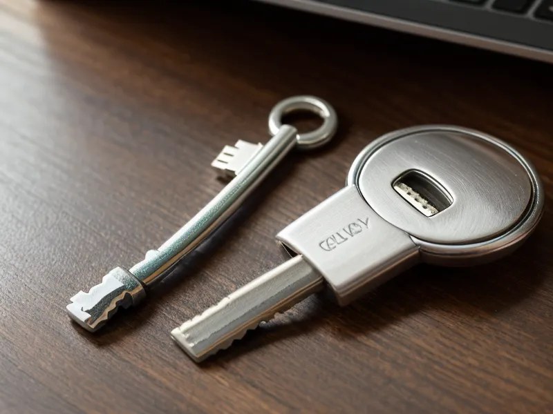 Close-up of a Yubikey on a leather keychain resting on a desk